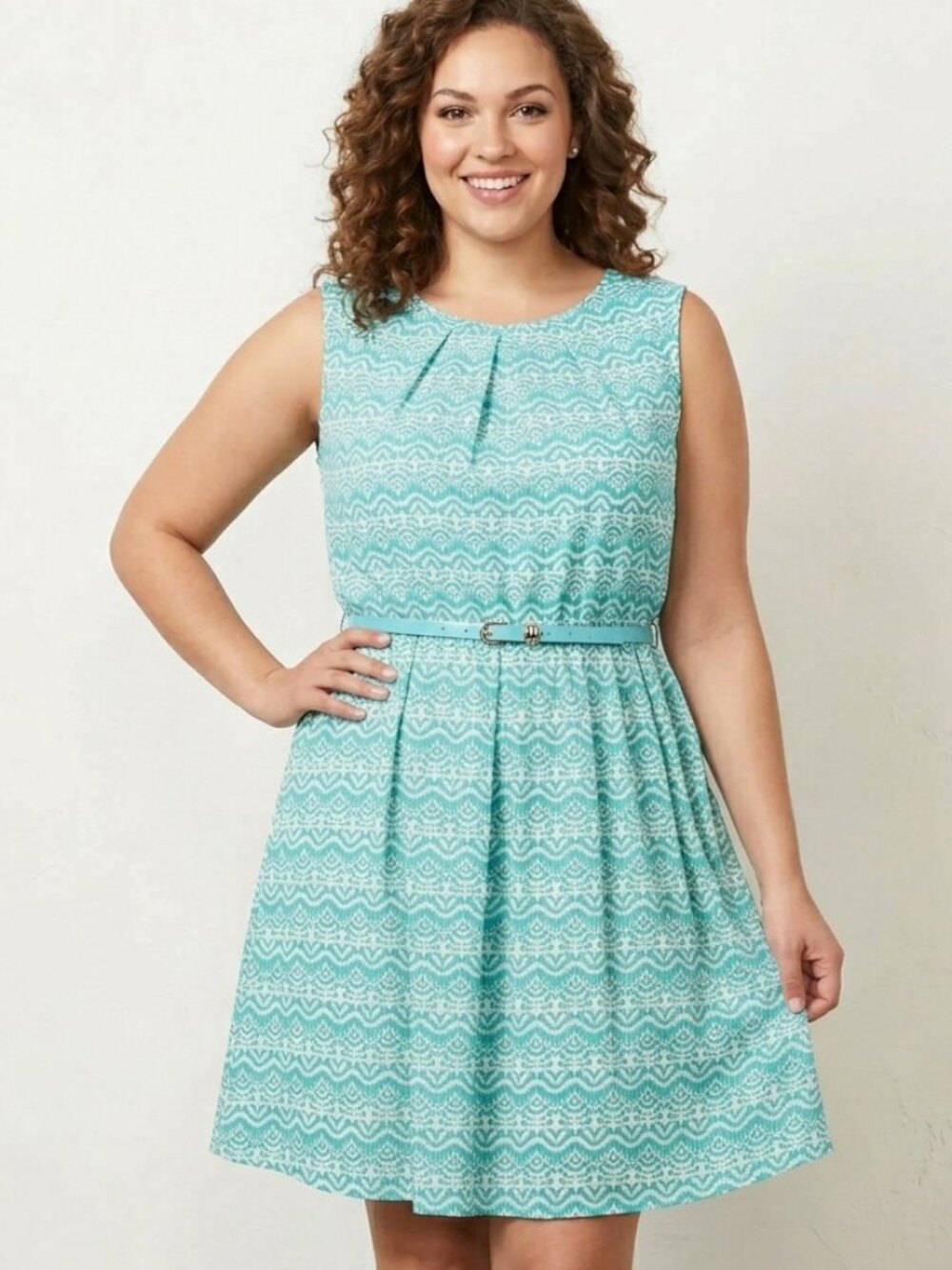 NWOT Kara Girl Turquoise White Ikat Print Belted Sleeveless Dress